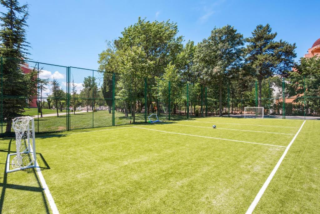 Futbola laukums ar mākslīgā zālāja segumu, apkārt augstiem kokiem un sietu. Laukuma vidū redzams futbols un divi vārti.