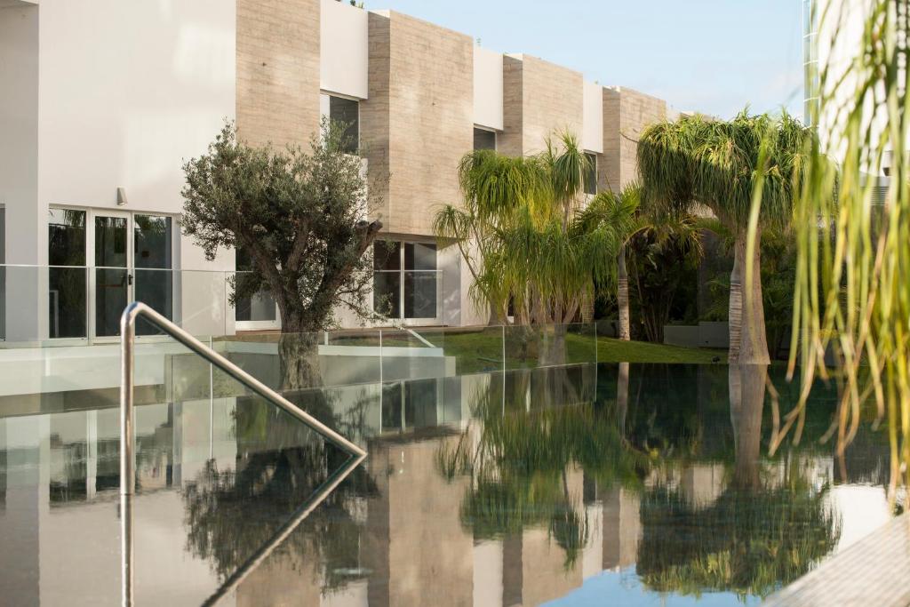 Mūsdienīga arhitektūra ap ūdens baseinu ar zaļām palmām un labi koptiem dārziem. Baseina ūdens atspoguļo apkārtējo ainavu, radot mierīgu atmosfēru.