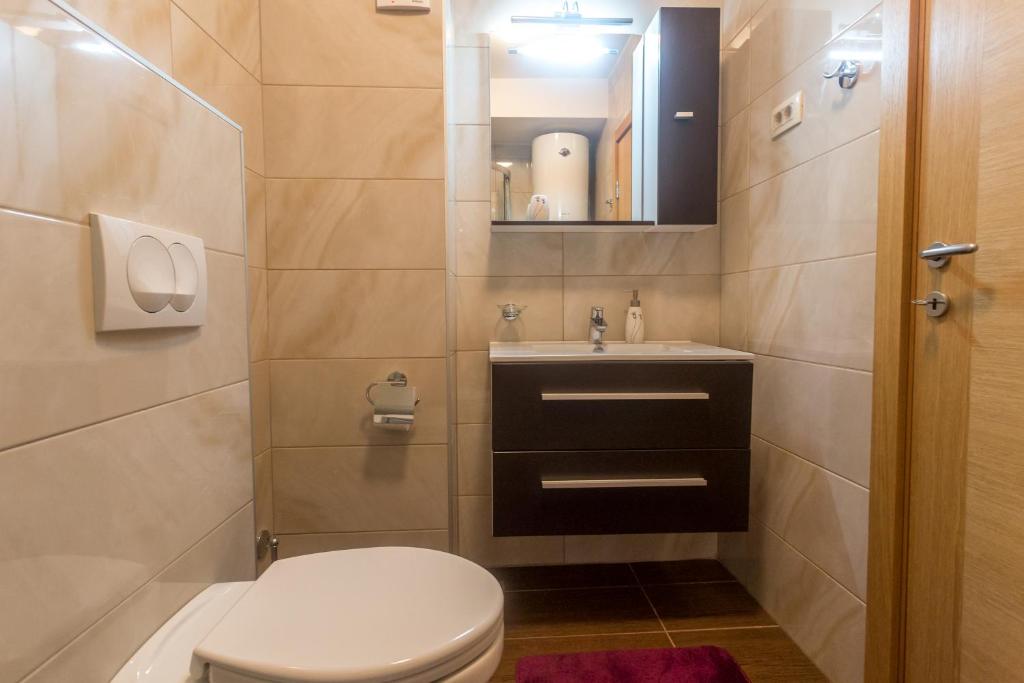 Mūsdienīgs vannas istabas interjers ar gaišām flīzēm, tumšu skapīti un spoguli. Telpa ir labi apgaismota un iekārtota ar nepieciešamajām sanitārajām iekārtām.