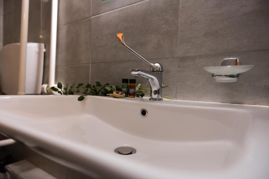 Vannas istabas izlietne ar modernu krānu un zaļām augu detaļām, radot relaksējošu atmosfēru. Grezna un minimālistiska dizaina pieeja.