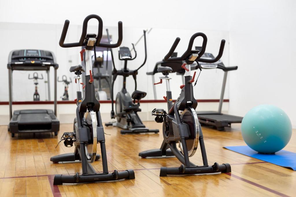 Trenažieru zāle ar velotrenažieriem, skrejceliņu un vingrošanas bumbu uz koka grīdas. Vides uzturēšana sportiskai aktivitātei un veselīgam dzīvesveidam.