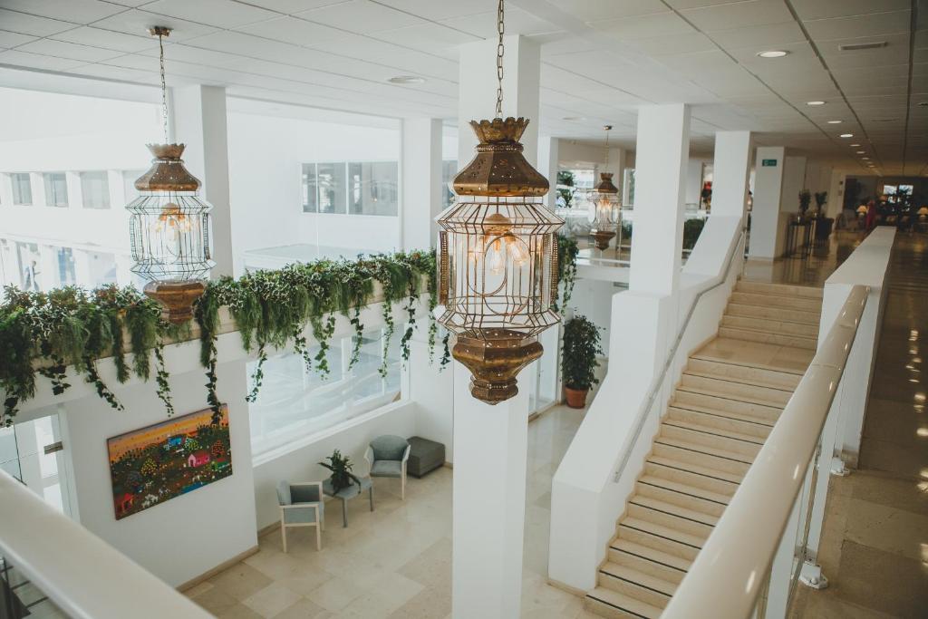 Moderna telpa ar elegantiem gaismas ķermeņiem un zaļiem augiem, nodrošinot patīkamu atmosfēru. Skats uz kāpnēm un mākslas darbu uz sienas.