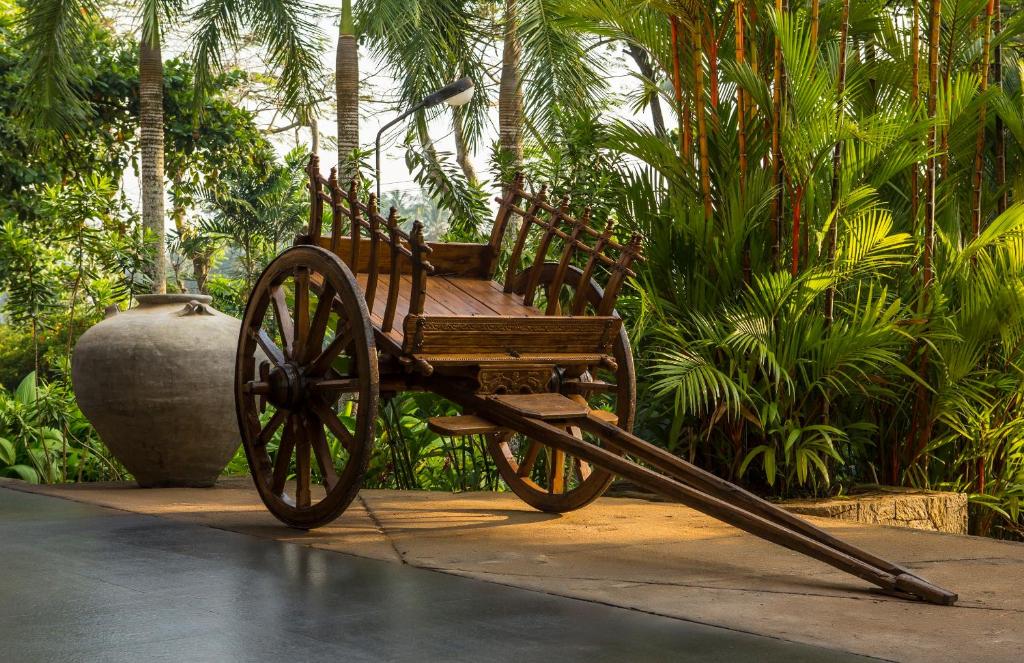 Koka rati, kas novietoti dārzā starp zaļām palmām un augu stādījumiem, papildina ainavu ar dabisku šarmu. Blakus redzams liels keramikas pods.