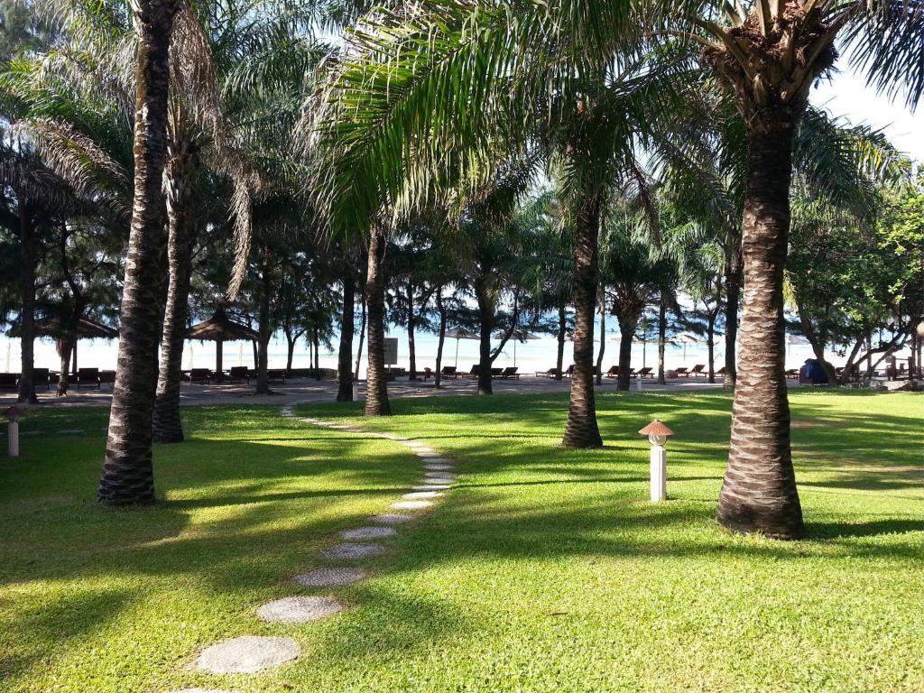 Zaļš pludmales parks ar palmām un akmens takām, kas ved uz jūru, nodrošinot mierīgu un relaksējošu atmosfēru. Ideāli piemērots atpūtai un dabas baudīšanai.