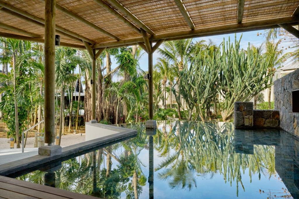 Mūsdienīgs peldbaseins zem jumta, apkārt augsti palmu koki un citi tropiski augi, kas atspoguļojas ūdenī. Rāmā atmosfērā ir redzams arī akmens elements.