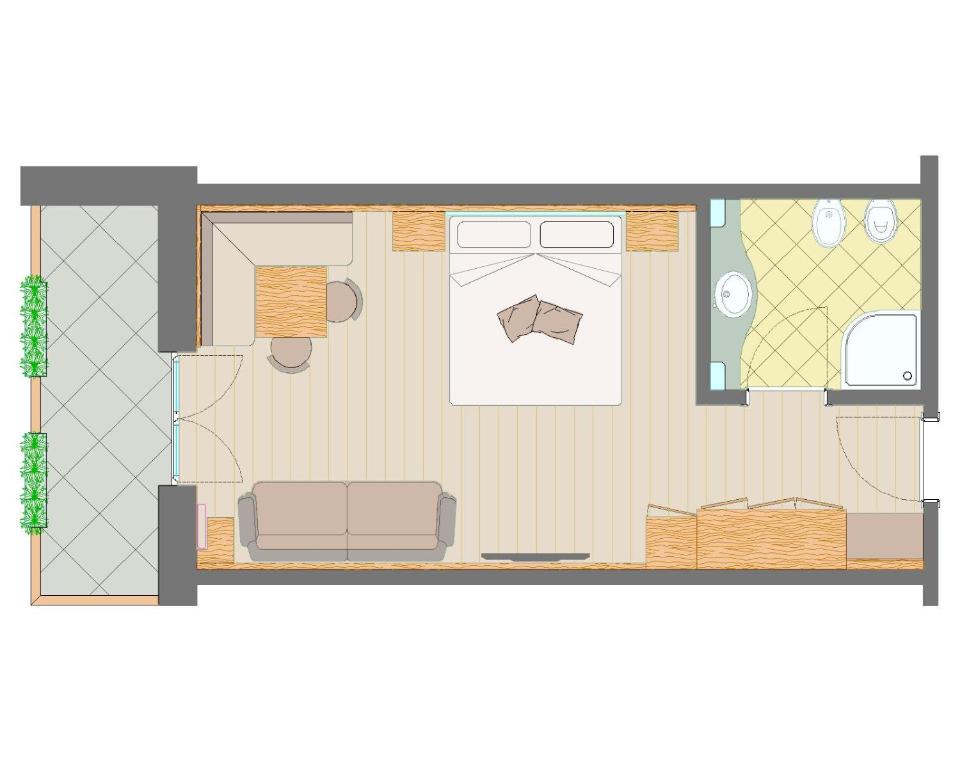 Dzīvokļa plāns ar guļamistabu, viesistabu un vannas istabu, iekārtots ar mēbelēm un diviem logiem. Plāns ilustrē efektīvu telpu izmantošanu.