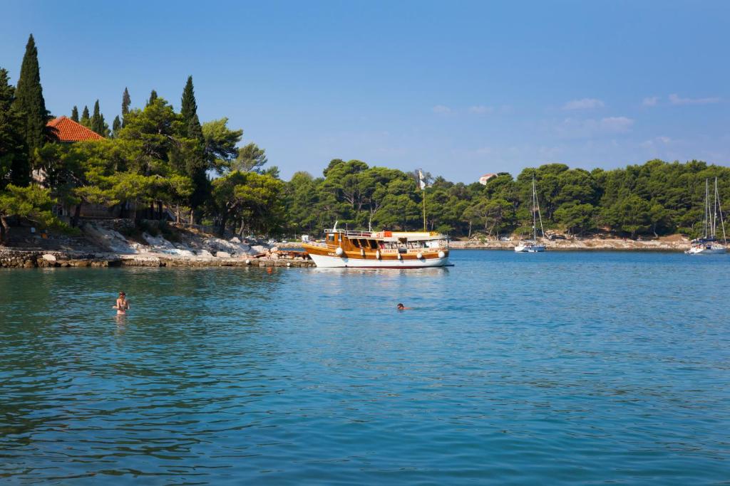 Skaista piekrastes aina ar laivu, kas piestājusies pie krasta. Uz ūdens peld cilvēki, bet fons ir mežainas teritorijas ar zilo debesu un saulainu laiku.