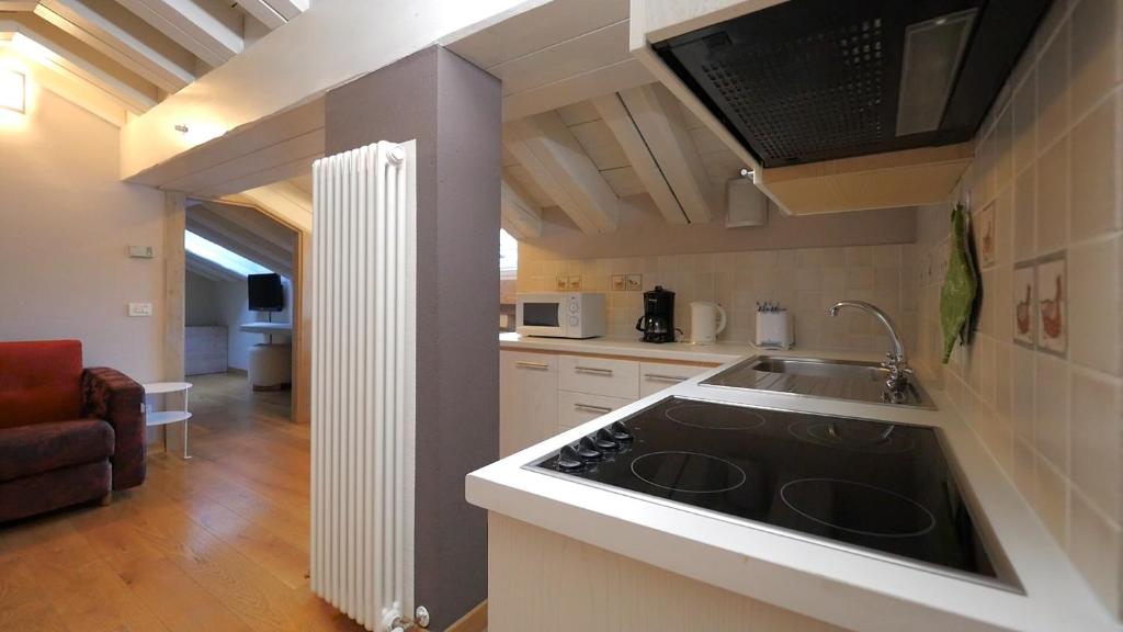 Mūsdienīga virtuve ar koka grīdu un augstiem griestiem, ietver elektrisko plīti, izlietni un mikroviļņu krāsni. Interjers ir gaišs un viesmīlīgs, ar ērtu dīvānu un televizoru blakus.