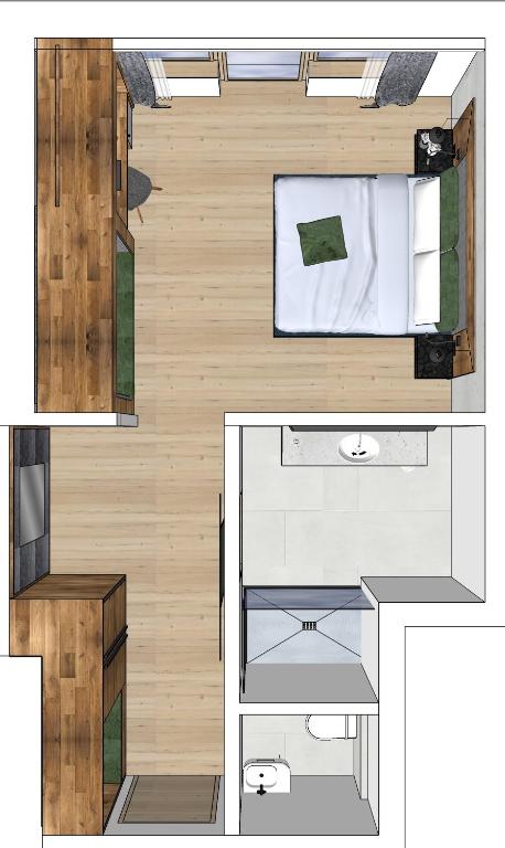 Mūsdienīgas guļamistabas un vannas istabas plānojums ar koka grīdu, gultu un mēbelēm. Telpa ir gaiša un funkcionāla, ideāli piemērota mūsdienu dzīves stilam.