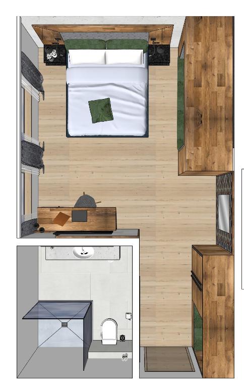 Guļamistabas un vannas istabas plānojums, kurā redzama gulta, darba galds, skapji un duša. Svaiga un mūsdienīga dizaina pieeja.