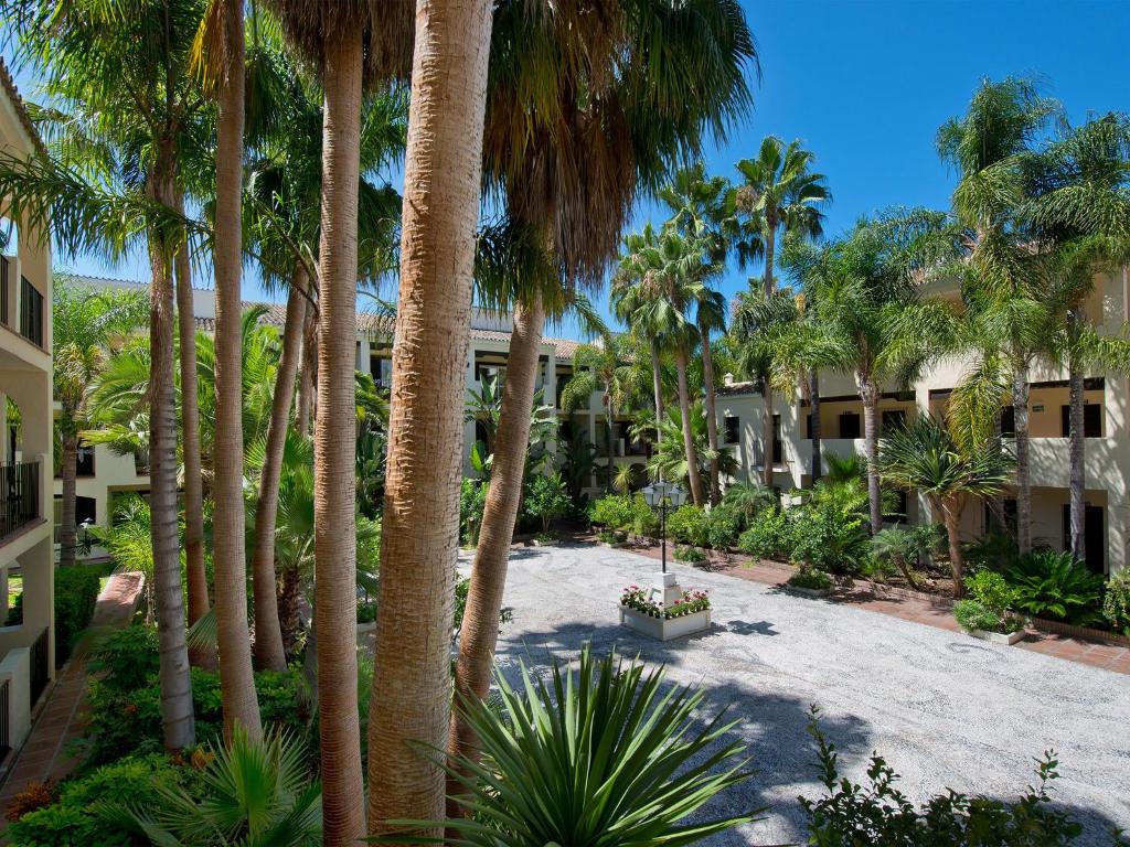 Tropiska ainava ar palmām un zaļumiem, kas ieskauj mierīgu iekšpagalmu. Gaismas, saulainas debesis rada relaksējošu atmosfēru.