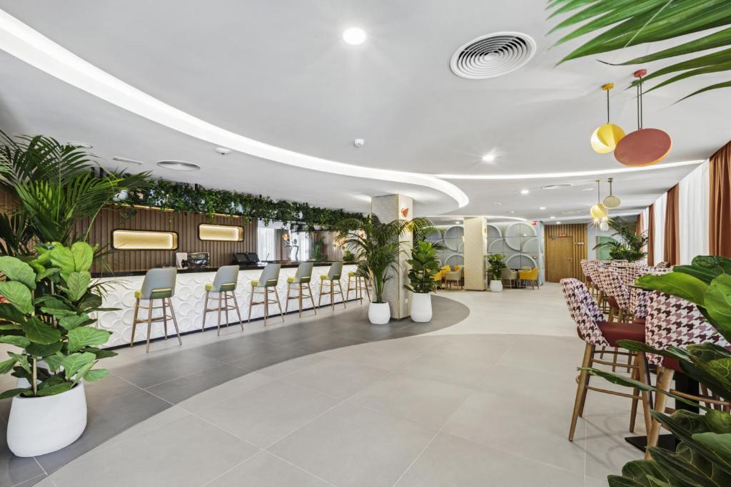 Mūsdienīgs viesnīcas reģistratūras interjers ar augiem un stilīgām mēbelēm, kas rada patīkamu atmosfēru. Gaismas un krāsainie aksesuāri piešķir dzīvīgumu telpai.