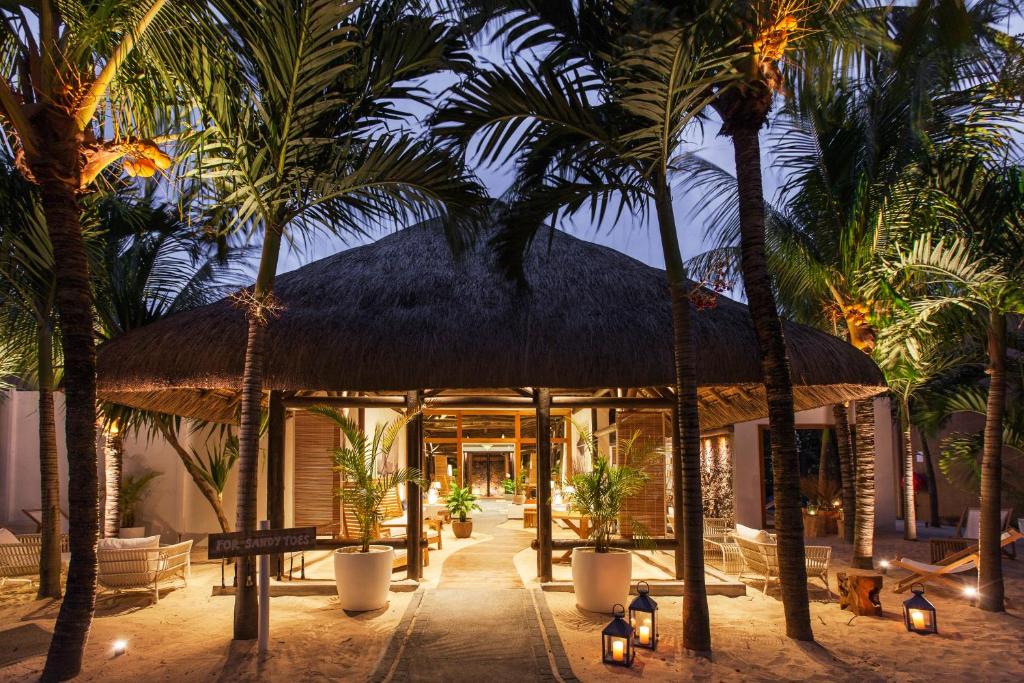Tropu kūrorta ieeja ar palmām un apgaismojumu vakarā, radot relaksējošu atmosfēru. Pavedienu ceļš ved uz tradicionālu jumtu, kas piedāvā viesmīlību un atpūtu.