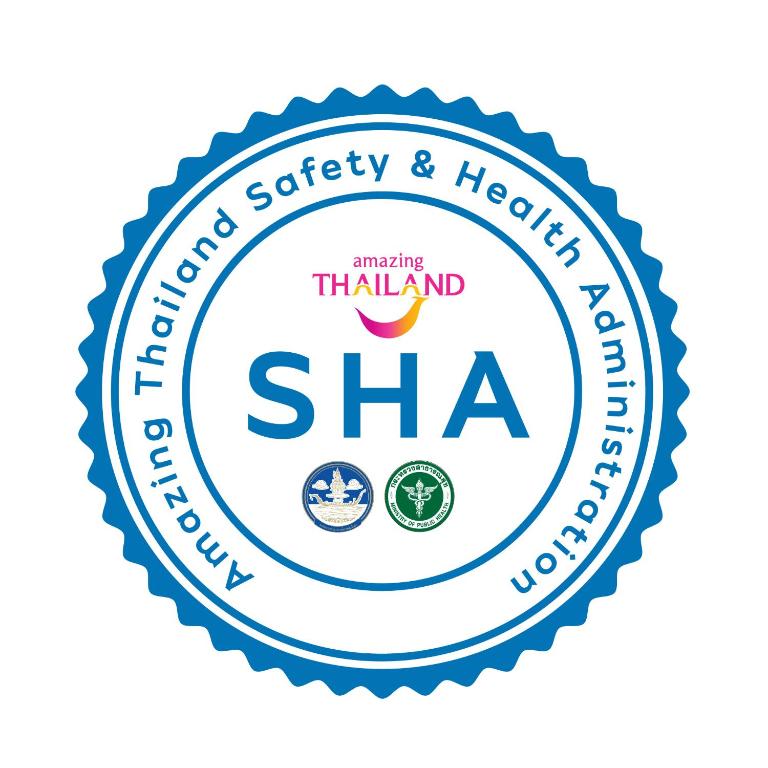 Zīmogs "Amazing Thailand Safety & Health Administration" ar akronīmu SHA, kas uzsver veselības un drošības standartus.