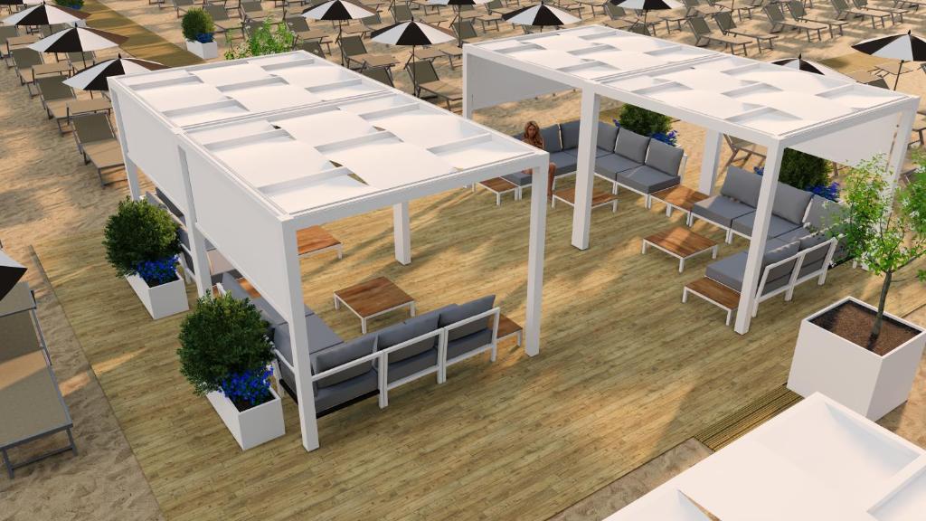 Modernas pludmales atpūtas zonas ar ēnainiem paviljoniem un ērtām mēbelēm. Ideāla vieta relaksācijai un atpūtai pludmalē.