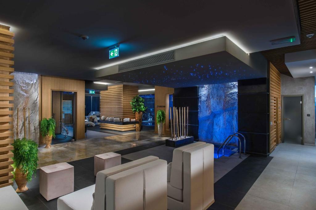 Mūsdienīgs spa interjers ar relaksējošu atmosfēru, kurā ir koka un akmens elementi, zaļumi un mazs baseins ar apgaismojumu. Ideāla vieta atpūtai un labsajūtai.