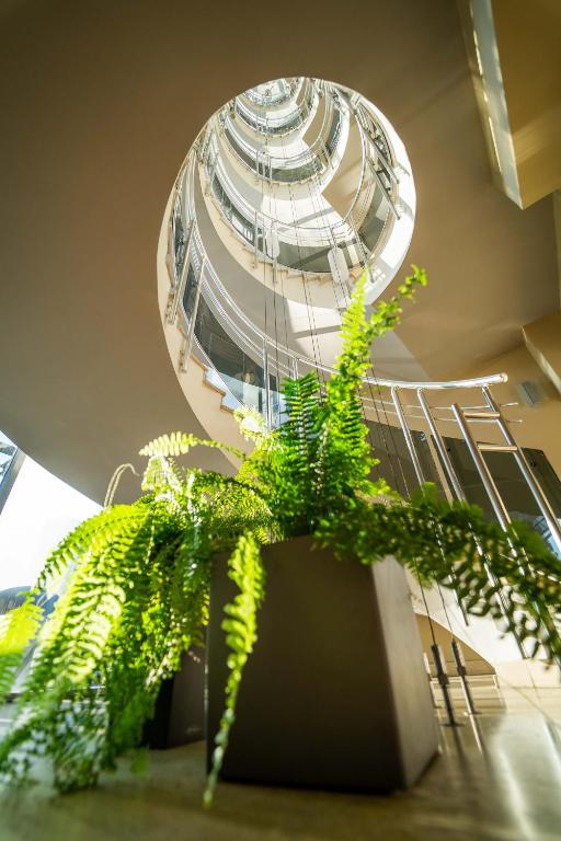 Mūsdienīga interjera dizaina elements ar spirālveida kāpnēm un zaļu puķu podu, kas pievērš uzmanību telpas estētikai.
