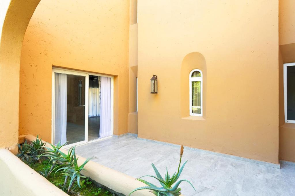 Mūsdienīgs terases skats ar gaiši oranžu sienu, lieliem logiem un augiem. Telpa izskatās plaša un gaiša, radot relaksējošu atmosfēru.