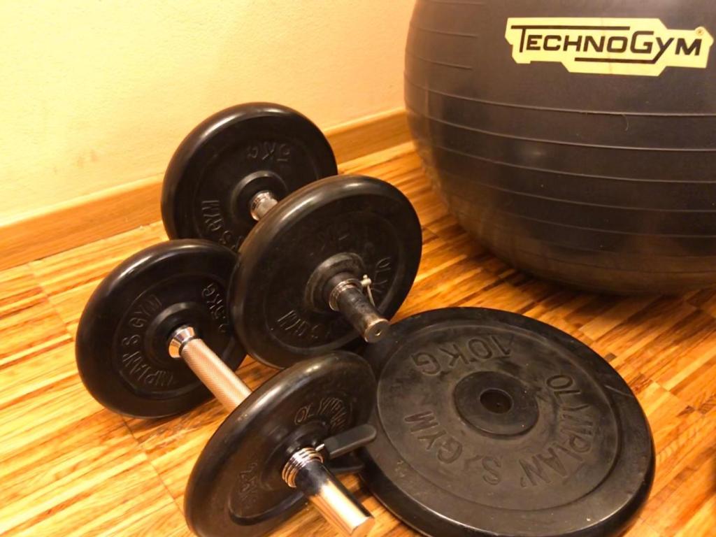 Svara stieņi un vingrošanas bumba sporta zālē, kas veicina fizisko aktivitāti un veselību.