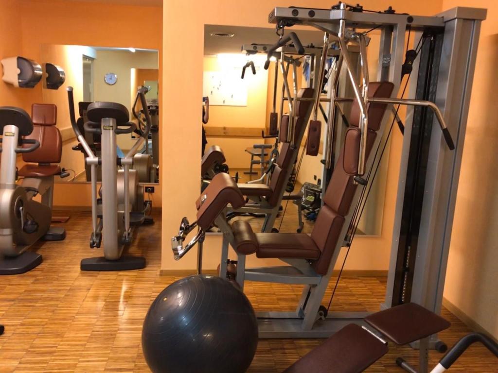 Sporta zāles iekšskats ar dažādām treniņu iekārtām, tostarp stacionārajām velosipēdiem un fitnesa mašīnām. Telpa ir gaiša un ērta, ar koka grīdu un siltām sienām.