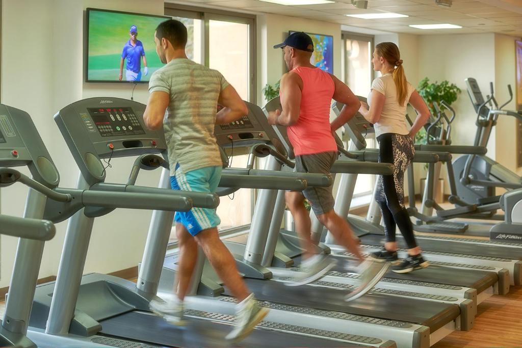 Trīs cilvēki skrien uz skrejceliņiem modernā sporta zālē, kamēr fona televizorā tiek rādīts golfa spēles fragments. Telpā ir daudz gaismas un zaļo augu.