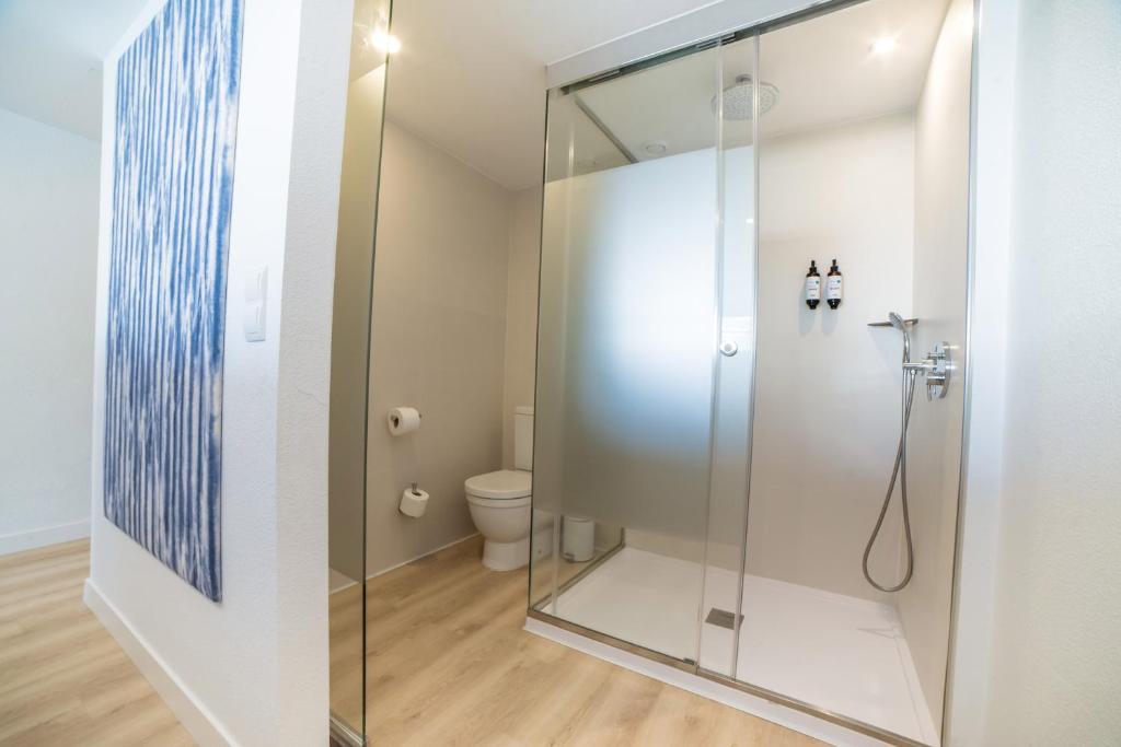 Mūsdienīga vannas istaba ar stikla dušu, tualeti un minimālistisku dizainu. Gaismas un koka grīdas elementi piešķir siltumu telpai.