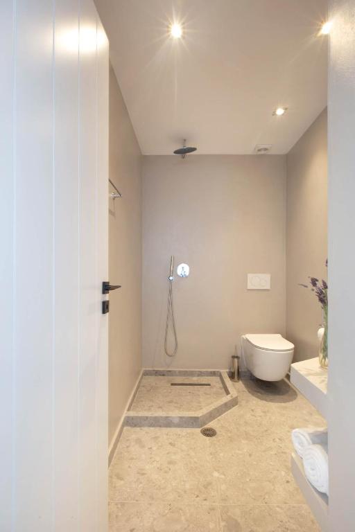 Mūsdienīgs un elegants vannas istabas interjers ar dušu, tualeti un minimālistisku dizainu. Gaišas krāsas un dabīgas akmens flīzes rada patīkamu atmosfēru.