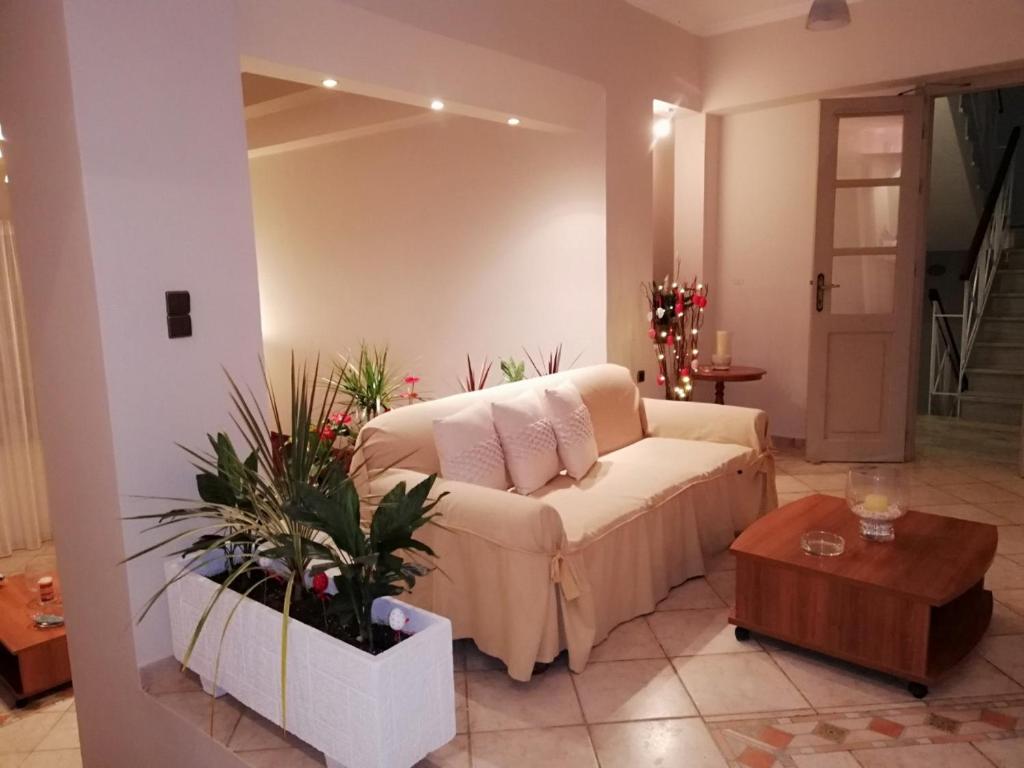 Mūsdienīgs viesistabas interjers ar dīvānu, koka galdu un dekoratīvām augu kompozīcijām. Telpa ir gaiša un mājīga, radot patīkamu atmosfēru.