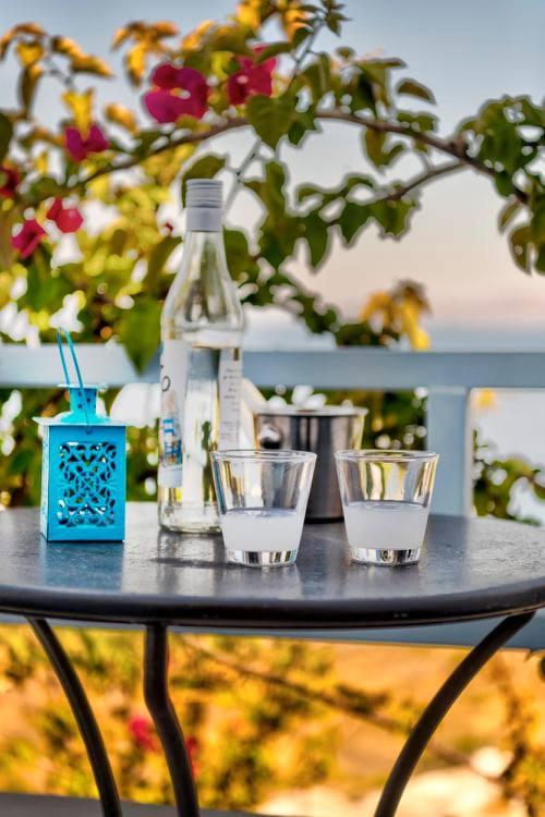 Galda dekors ar divām glāzēm ar dzērienu, pudeli un zilu laternu, ko ieskauj ziedi un ainava.