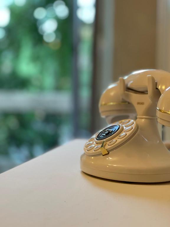 Retro stila telefons ar rotējošo disku, novietots uz galda, ar zaļo fonu.