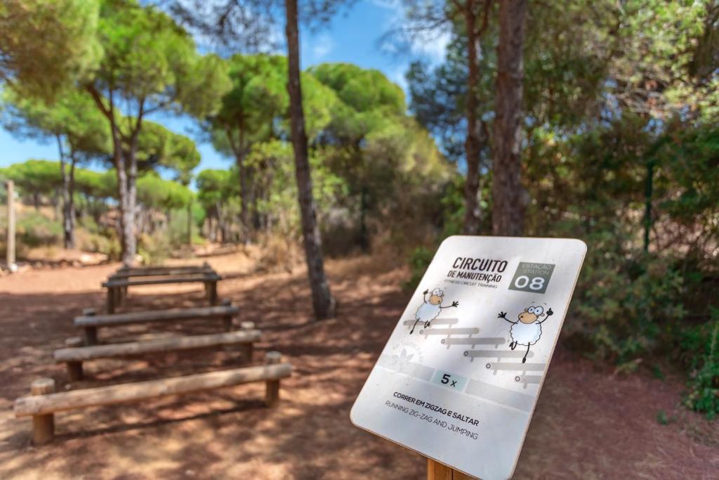 Skaists dabas gājēju celiņš ar vingrošanas staciju, kurā redzama zīme ar instrukcijām par vingrinājumiem zig-zag un lēkšanu. Pārējā ainavā ir zaļi koki un dabiska vide.