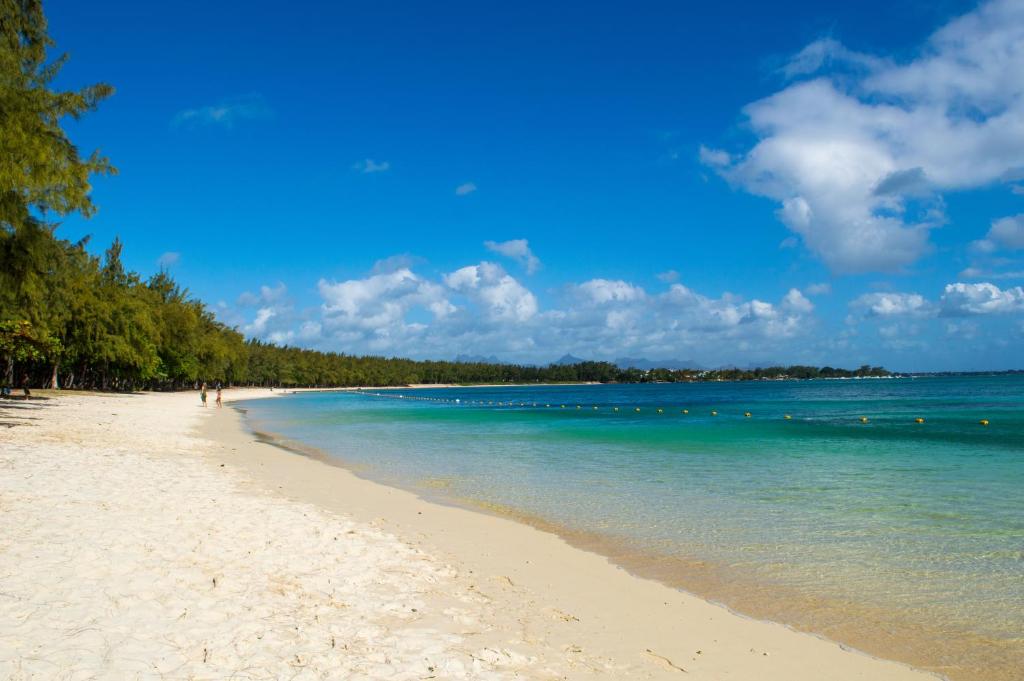 Pludmale pie Flowers of Paradise viesnīcas ar skaidrām debesīm.
