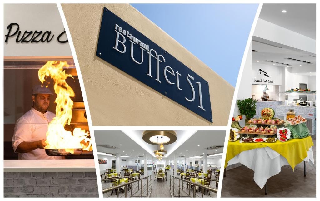 Restorāna "Buffet 51" eksterjers un iekštelpu skati, tostarp šefpavārs ar liesmām un bufete ar dažādiem ēdieniem.