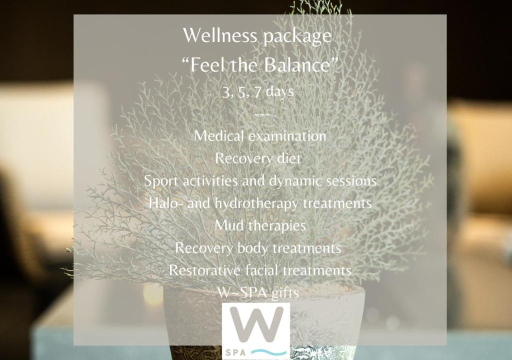 Veselības pakete "Sajūti līdzsvaru" piedāvā medicīniskās pārbaudes, atveseļošanās diētu, sporta aktivitātes un dinamiskas sesijas, haloterapijas un hidroterapijas procedūras, dubļu terapijas, atveseļojošas ķermeņa procedūras un atjaunojošas sejas procedūras. W-SPA dāvanas.