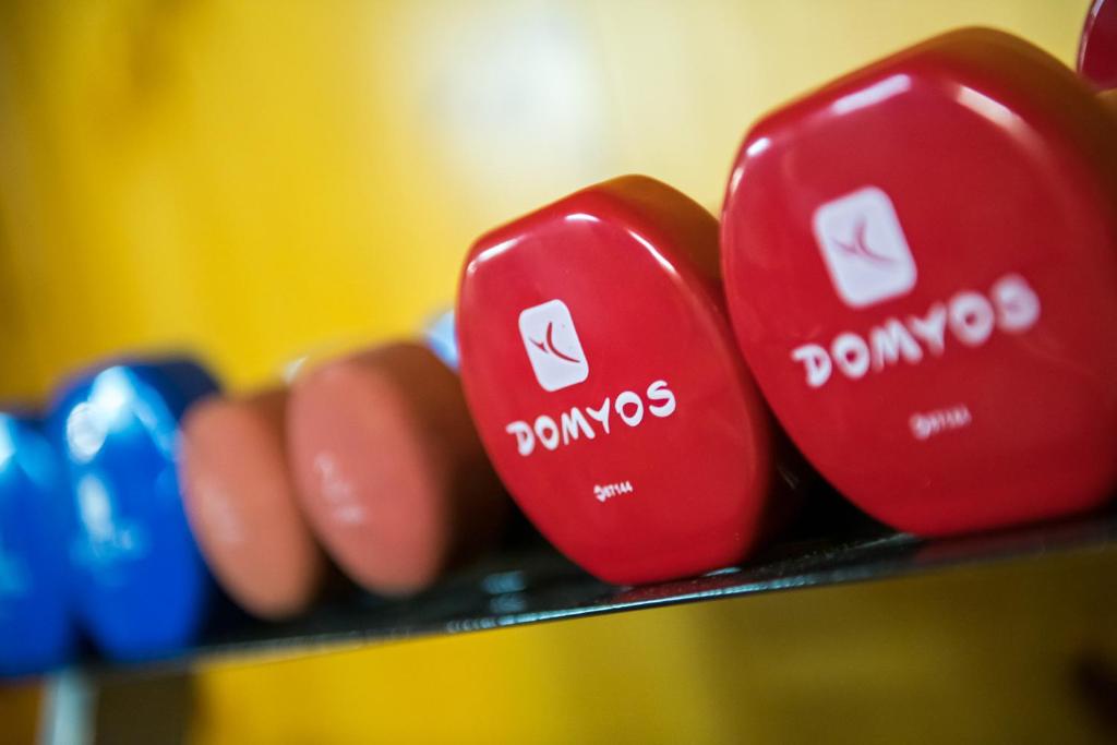 Sarkanas un zilas hanteles uz plaukta, zīmols DOMYOS. Ideāli piemērotas sporta un treniņu vajadzībām.