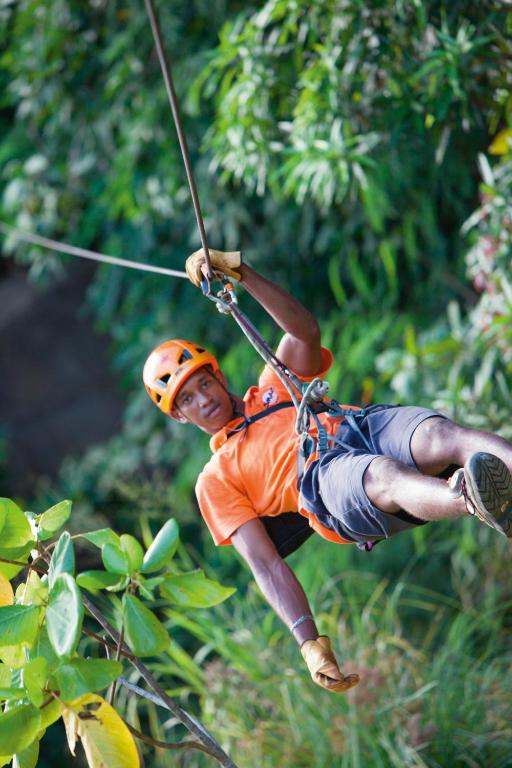 Vīrietis, tērpies oranžā t-kreklā un ķiverē, veic virvju nobraucienu no koka, izbaudot piedzīvojumu dabā. Apkārt redzami zaļumi un krūmi.