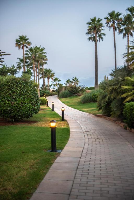 Skaists, apgaismots celiņš, kas ved cauri zaļiem zālieniem un palmu alejām, radot mierīgu un relaksējošu atmosfēru.