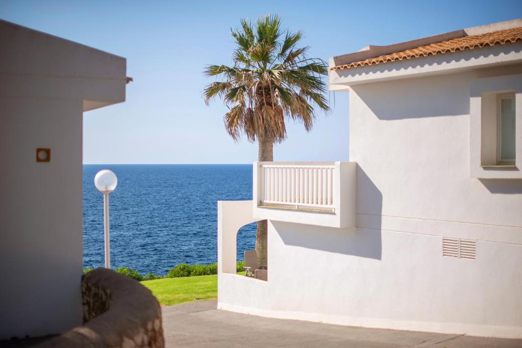 Jūras skats ar palmu un baltu māju, kas atrodas pie krasta, radot mierīgu un relaksējošu atmosfēru.