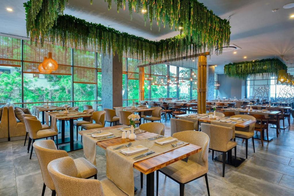 Mūsdienīgs restorāns ar elegantiem galdiem un krēsliem, kas rotāts ar zaļiem augiem un gaumīgu apgaismojumu. Lielas logu vitrīnas nodrošina dabisko apgaismojumu un skatu uz dārzu.