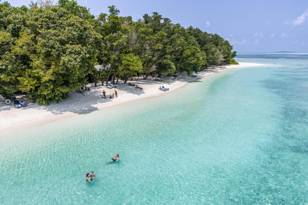 Tropiskā pludmale ar skaidru ūdeni un zaļiem kokiem, kur cilvēki atpūšas un peldas. Ideāls galamērķis relaksācijai un dabu baudīšanai.