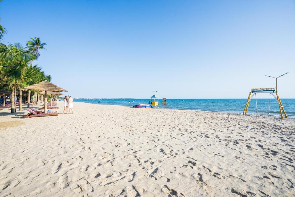 Skaists pludmales skats ar palmām, saules gultām un skaidru zilu jūru. Ideāla vieta atpūtai un relaksācijai.