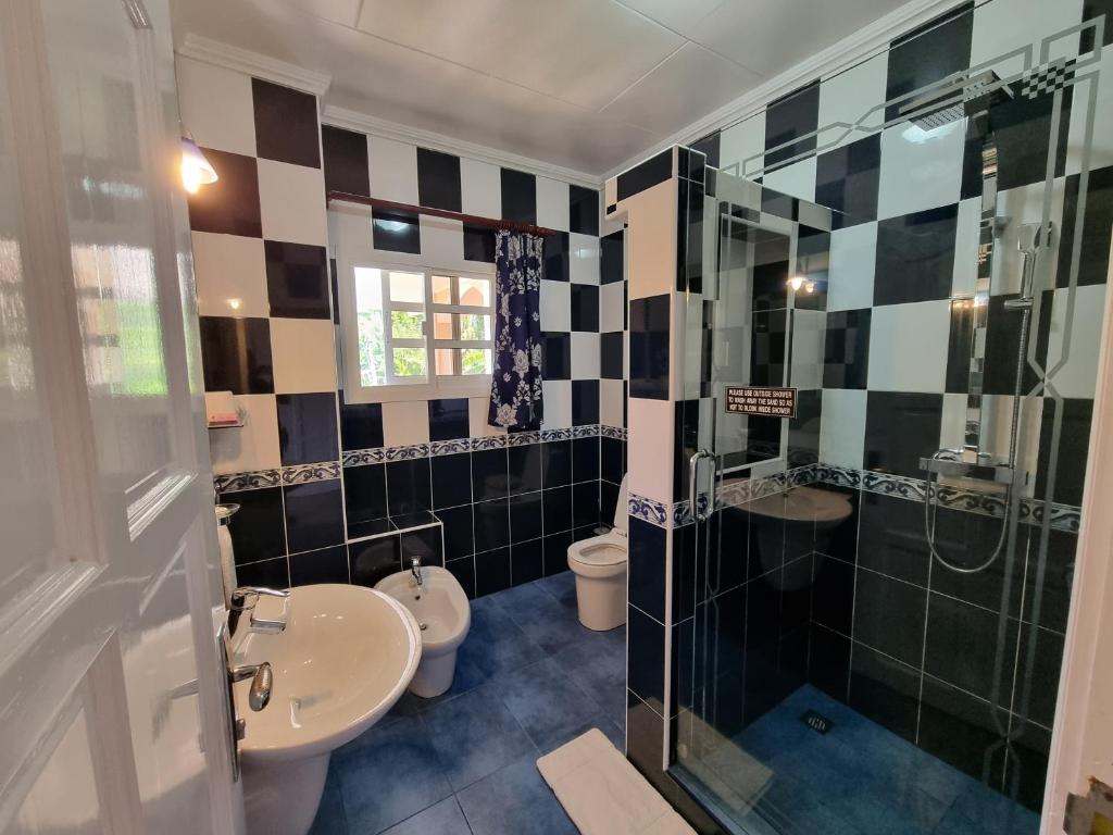 Mūsdienīgs vannas istabas interjers ar melnbaltām flīzēm, dušas kabīni un sanitārajiem izstrādājumiem. Telpa ir gaiša un labi aprīkota ar logu, kas nodrošina dabisko apgaismojumu.