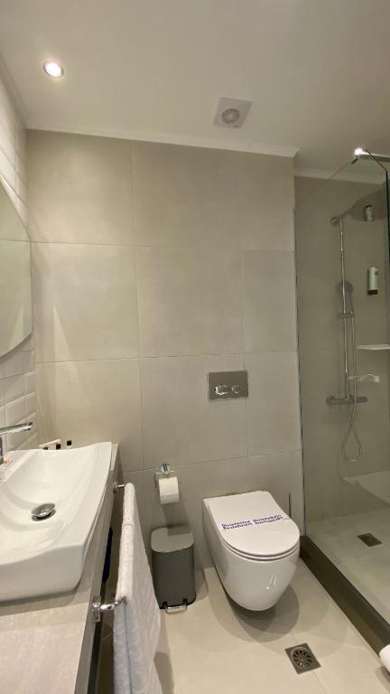 Mūsdienīga vannas istaba ar pelēkām flīzēm, dušu un tualeti, kas ir aprīkota ar modernas iekārtas elementiem. Vannas istabā ir gaišs apgaismojums un eleganta izskata izlietne.