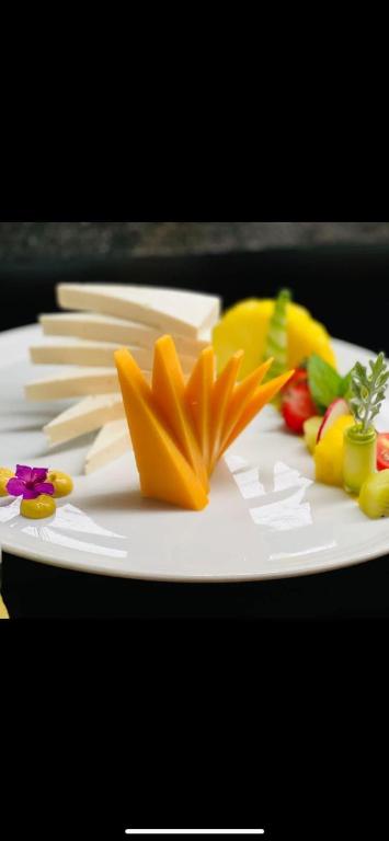 Skaisti pasniegts siers ar radošām griezuma formām un dažādiem dārzeņiem uz baltas šķīvja.