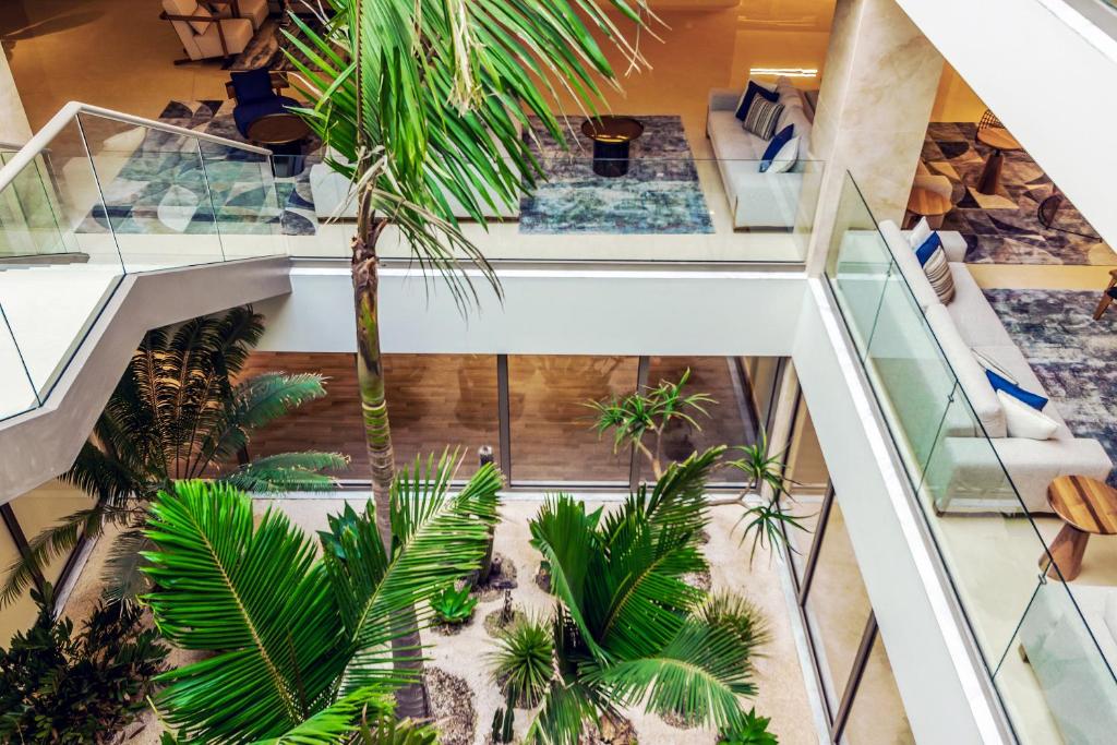 Mūsdienīgs interjers ar stikla balustrādēm un tropiskām palmām, radot relaksējošu atmosfēru. Telpa ir gaiša, ar modernām mēbelēm un elegantu dizainu.