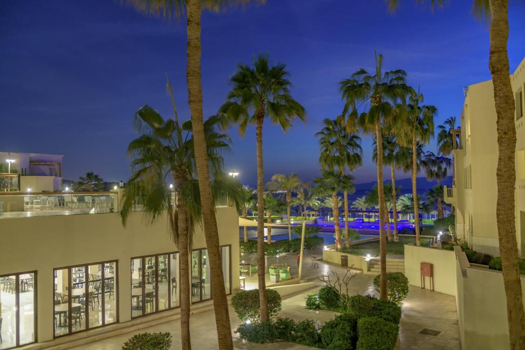 Pakalpojuma zona ar palmām un baseinu, kas apgaismots zilā krāsā, radot relaksējošu atmosfēru naktī. Apkārtne ir moderni veidota, piedāvājot ēdināšanas iespējas un komfortablu atpūtu.