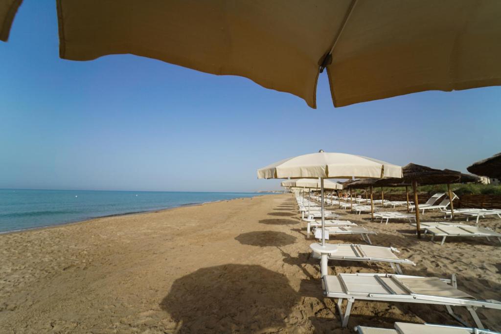 Pludmales skats ar sauļošanās krēsliem un lietussargiem, kas izvietoti gar smilšainu krastu. Jūras viļņi maigi skar krastu zem skaidras debesu tīrības.