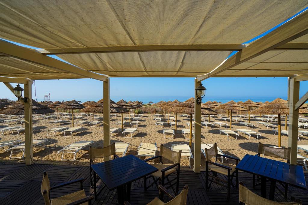 Pludmales ainava ar saulessargiem un sauļošanās krēsliem, redzama no terases zem nojumes. Mierīgs jūras skats un skaidrs debesis rada relaksējošu atmosfēru.