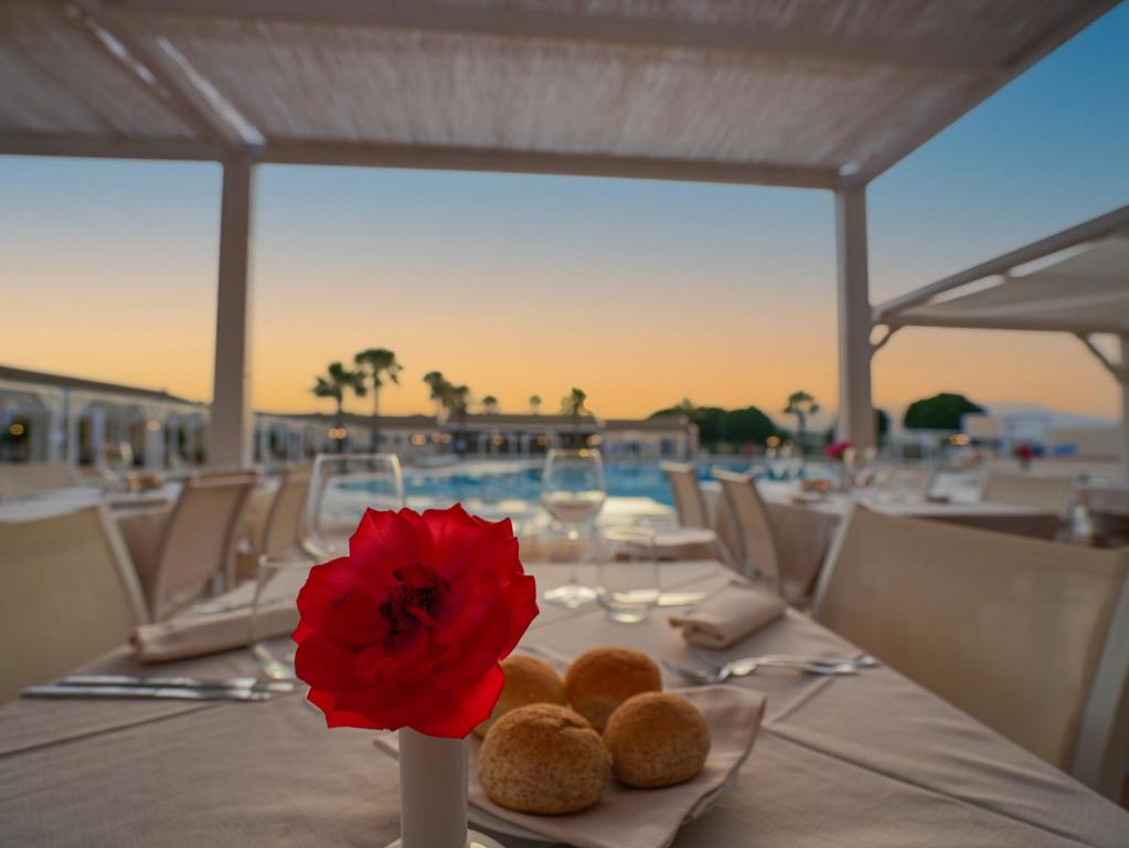 Romantiska vakariņu galda iestatījums ar sarkanu ziedu un maizītēm, fons ar baseinu un krāšņu saulrietu.