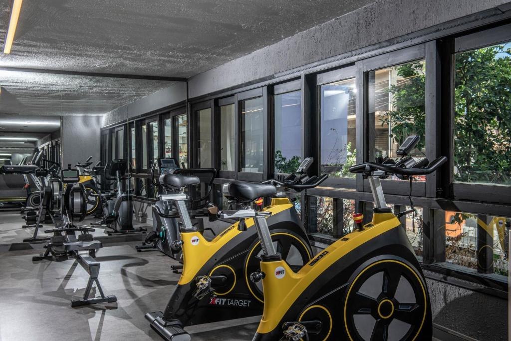 Mūsdienīgs sporta zāles interjers ar dažādām velosipēdu trenažieriem un citiem fitnesa aprīkojumiem, kas izvietoti blakus lieliem logiem ar dabīgu apgaismojumu.